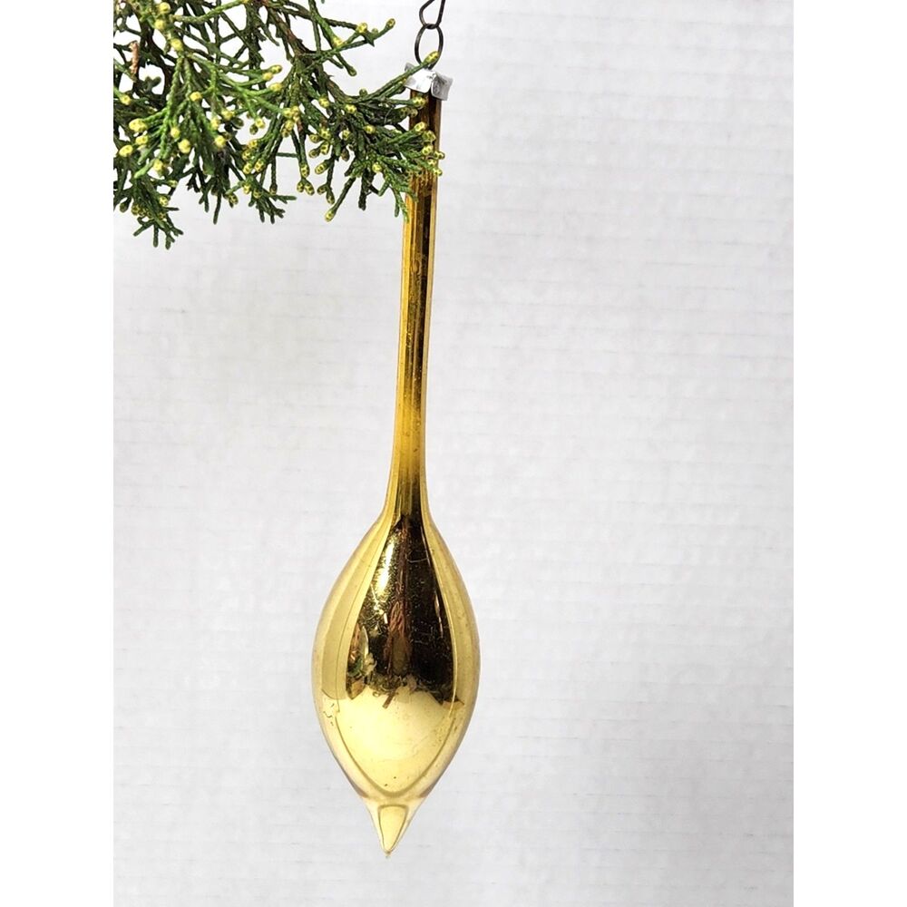Vintage Elongated Teardrop Blown Glass Christmas Ornament Gold Mercury